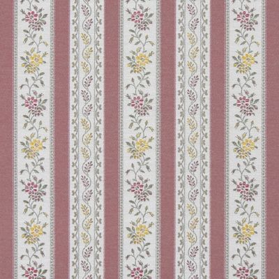 Närbild av Portugal rosa möbeltyg med randigt blommönster i rosa, gult och grönt