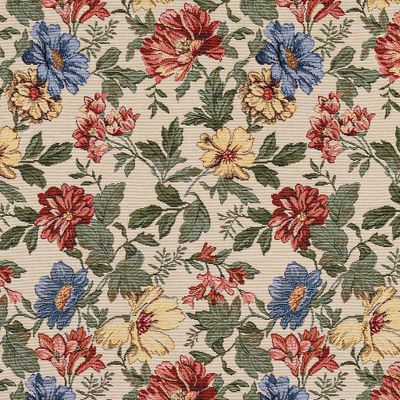 Närbild på Marujita beige gobeläng med röda blommor och gröna blad i jacquardväv