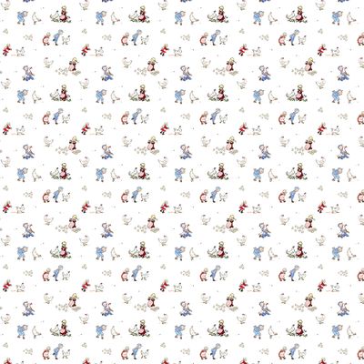 Emil & Ida i Hönsgården vit bomullstyg som visar hela tygets bredd med motiv från hönsgården i Katthult