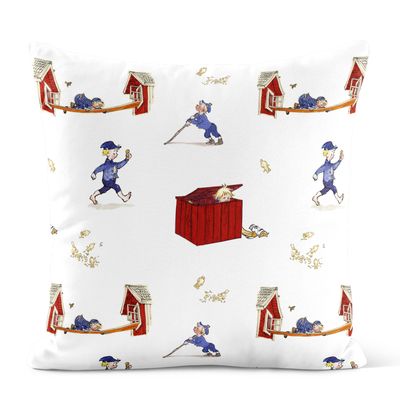 Emils upptåg kuddfodral med lekfulla illustrationer av Emil i Katthult på ljus botten.