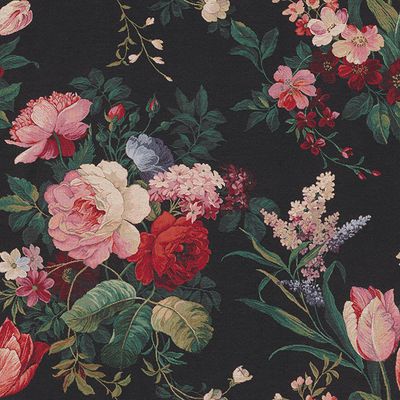 Lyxigt gobelängtyg på metervara med svart bakgrund och en färgsprakande blombukett av rosor och tulpaner, utmärkt för möbelklädsel.