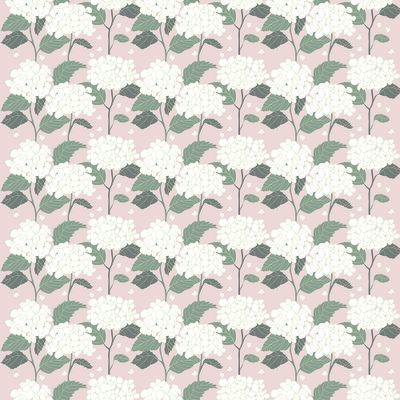 Hortensia rosa tyg som visar hela mönstrets bredd med hortensior och blad