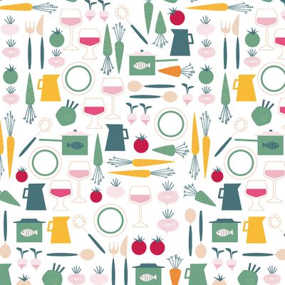 Närbild av Dinner grön tyg med retroinspirerat mönster av köksredskap, tallrikar, glas och grönsaker i gröna, rosa och gula nyanser.