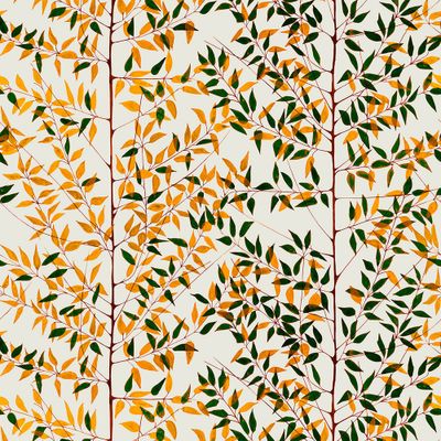 När staren kom beige-grön textilvaxduk, beige botten med gröna och orange blad. Design av Minmona blomstrande design.