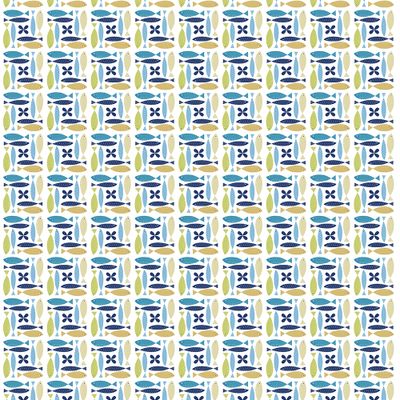 Fina fisken turkos tyg visat över hela tygets bredd med upprepande fiskmönster.