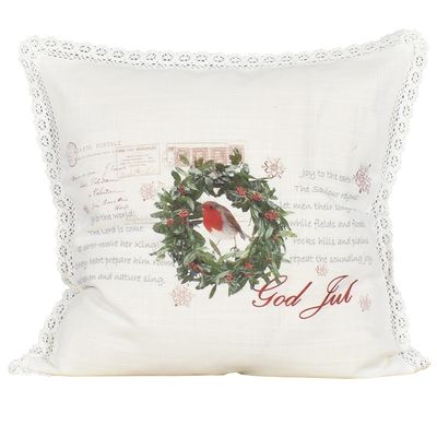 Robin kuddfodral jul kudde med gulligt julmotiv och vit spets från Arvidssons textil.