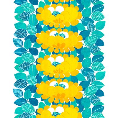 Gardin i Solblomma turkos tyg med stort mönster av gula blommor och turkosa blad - nordisktextil.se