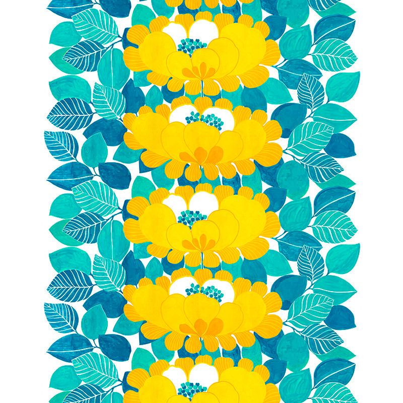 Gardin i Solblomma turkos tyg med stort mönster av gula blommor och turkosa blad - nordisktextil.se