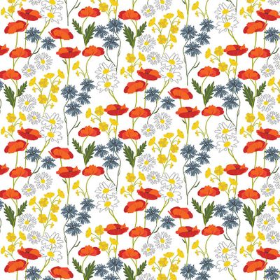 Tyg Ängsblommor vit metervara med små blommor och blad- Rosahuset.com