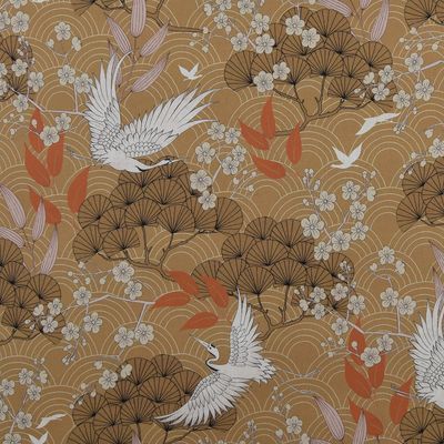 Närbild av Hokkaido gardintyg i bronze med tranor och japanska blommor på bronsfärgad bakgrund.