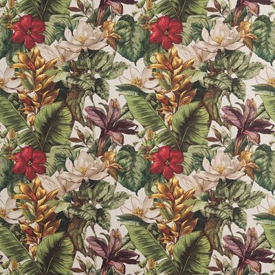 Tyg med stort och detaljrikt motiv i grönt, rött och beige