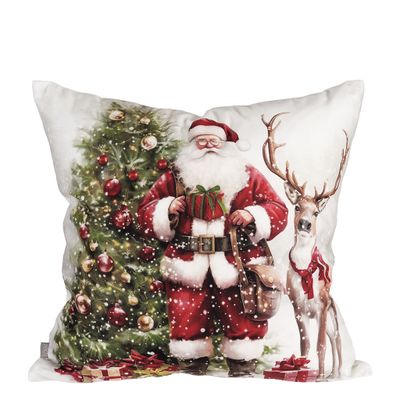 Kuddfodral Tomtegran med julmotiv föreställande en dekorerad julgran, jultomte med paket och ren i röda, gröna och varma naturtoner.