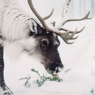 Närbild av det detaljrika motivet med ren i snö och vinterlandskap på Vinterren kuddfodral.