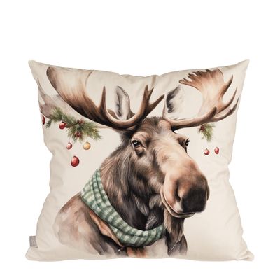 Julälg kuddfodral 45x45 cm med älg i grönrutig halsduk, stora horn och julkulor på ljus bakgrund.