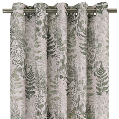 Nordic grön öljettlängd med botaniskt mönster på ljust beige botten och öljettupphängning.