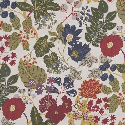 Akrylatbelagd textilvaxduk med stora blommor, blad och bär i rött, blått, grönt och gult mot ljus bakgrund.