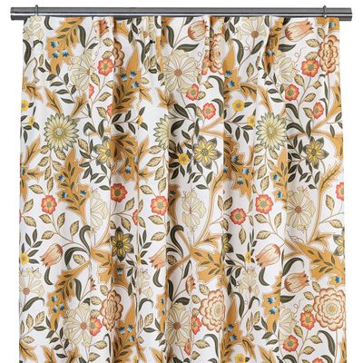 Flora ockra gardiner med blommigt mönster i ockra och gröna toner