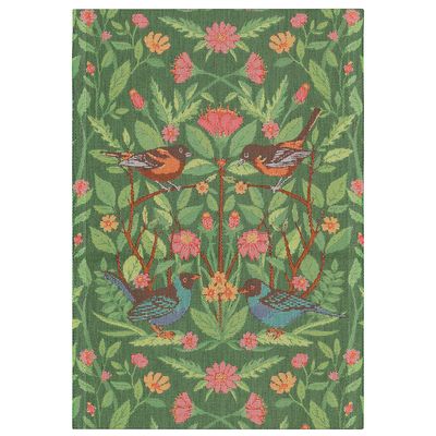 Fågelliv kökshandduk 35x50 cm med grönt bladverk, blommor och små fåglar från Ekelund