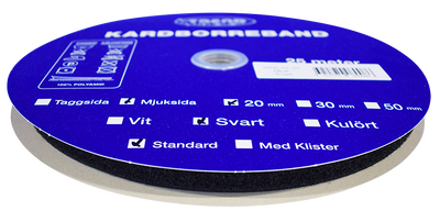 En hel rulle med mjukt kardborreband att sy fast på 25m i svart och 20mm sybehör.