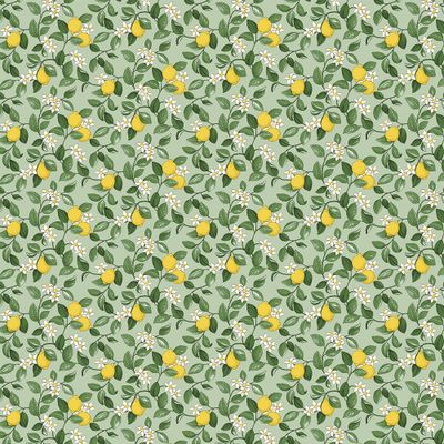 Grönt citronmönstrat tyg som visar hela tygets bredd med citroner, blad och blommor