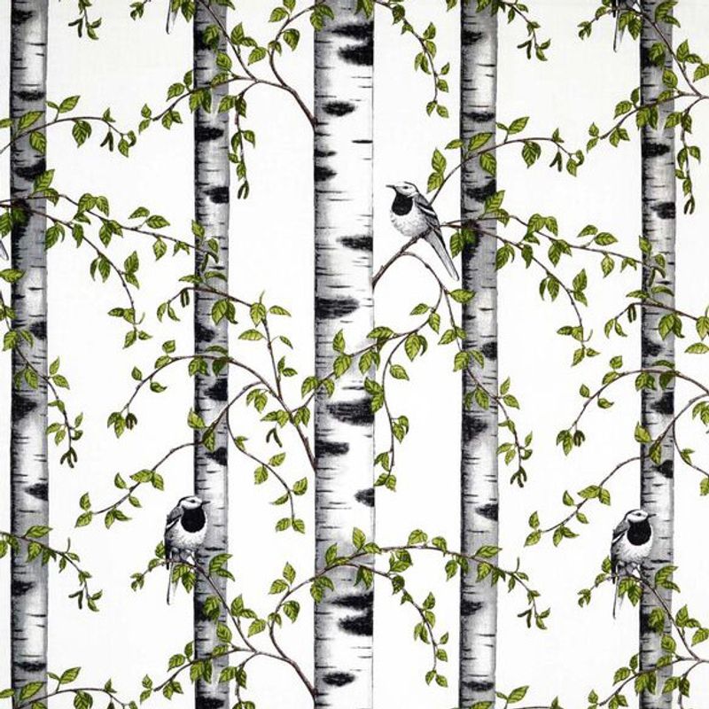 Tyg på metervara från Arvidssons textil med vit botten, björkstammar, gröna löv och fåglar.