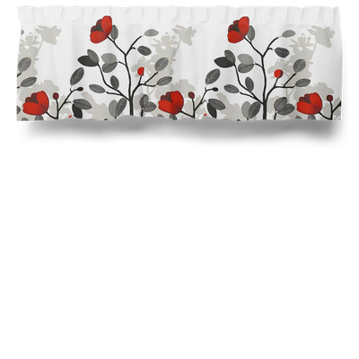 Gardinkappa på metervara med grå blad och röd blommor från Arvidssons Textil.