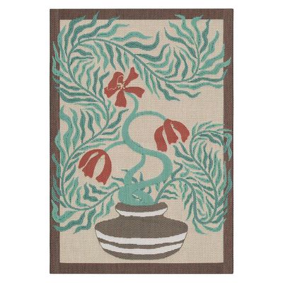 Kökshandduk med ett charmigt mönster av slingrande blad och stiliserade blommor i turkosa och röda toner.