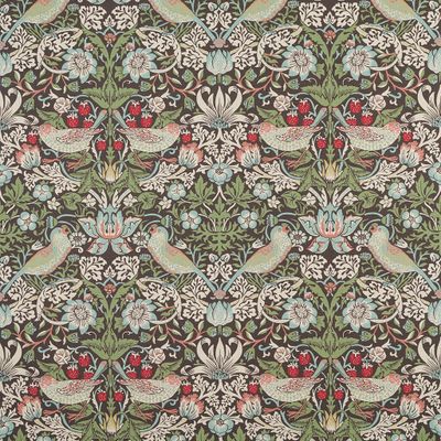 Tyg med fåglar, blommor och jordgubbar i grön-blå färgskala