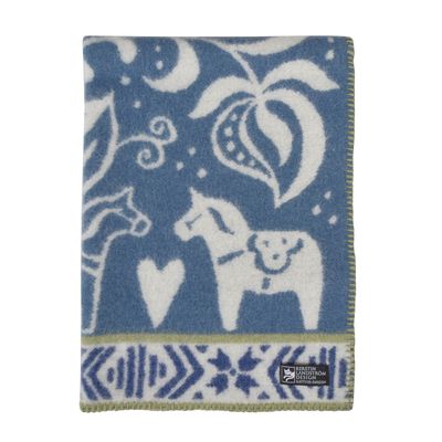 Barnfilt DALARNA i ekologisk ull med dalahästar och kurbitsmönster i blått