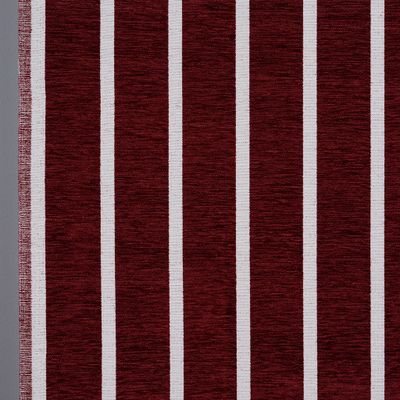 Rött randigt möbeltyg med synlig vävstruktur och tygkant