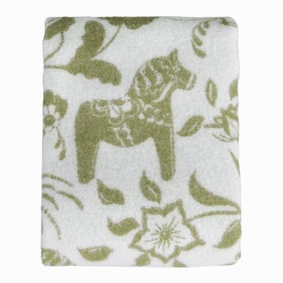 Vikt ullpläd i grönt med dalahästar och blommönster
