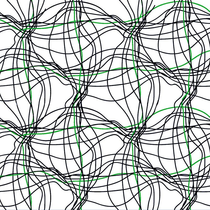 Tyg med vit botten, svarta och gröna linjer på metervara, Arvidssons textil, design Björk-Forth.
