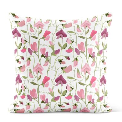 Kuddfodral med mönster av rosa luktärter och gröna stjälkar på ljus botten  Bild 2