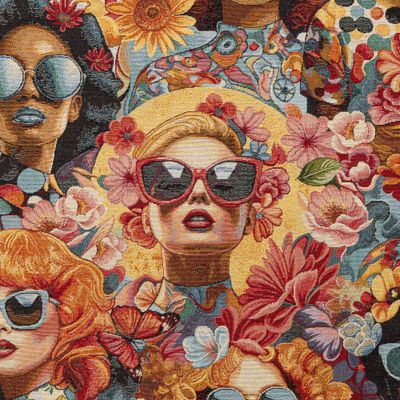 Gobelängtyg i popart-stil med porträtt, blommor och retroinspirerat uttryck