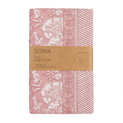 Rosa bordsduk Sonia i 100 procent bomull med blommönster och dekorativ bård