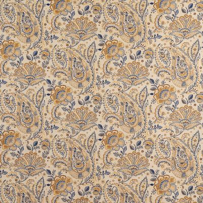 Helbild av Noori gobeläng med upprepat paisleymönster i blått, beige och ockra
