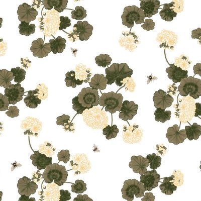 Blommigt gardintyg med tryckt mönster av ljusgula Astrid pelargoner.