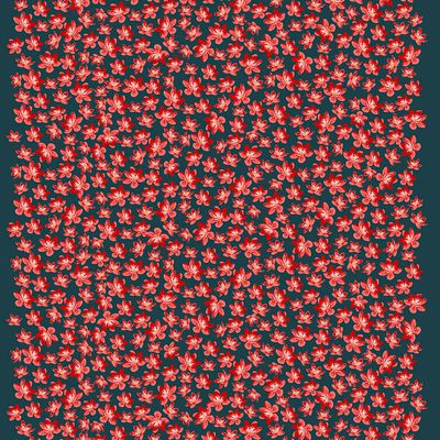 Textil med grå botten och röda små blommor på metervara, Arvidssons textil, design Björk-Forth.