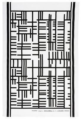 Pickepin svart kökshandduk sydd i halvlinne tyg med vitt botten och och svart mönster från Almedahls design.
