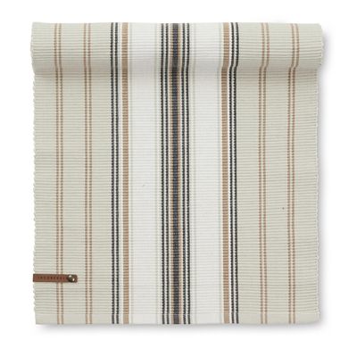 Randig bordslöpare i beige och bruna toner med stilrent mönster, storlek 35x120 cm.