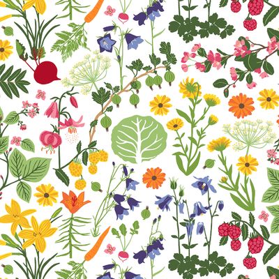 Färgglatt mönster med blommor, grönsaker och bär, designat av Edholm Ullenius.