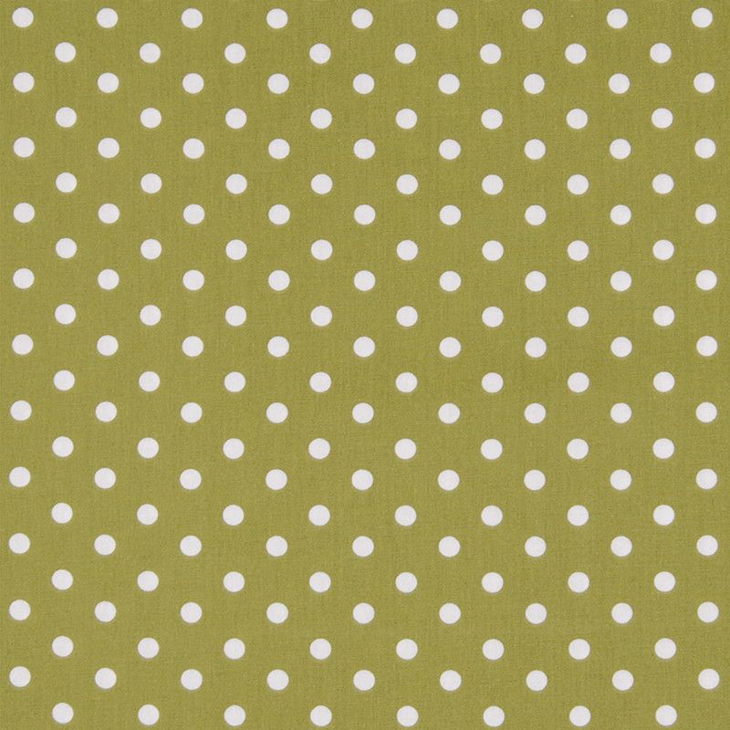 Dottie olivgrön - Bomullstyg med olivgrön och vita prickar. Tyget passar bra till babynest, påslakan, gardiner och inredning.
