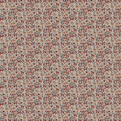 Leksand Mini culla röd tyg som visar hela tygets bredd med små dalahästar och blommönster på linnefärgad botten