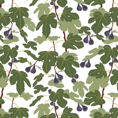 Mönstrat tyg med fikonlöv och fikon i gröna nyanser mot ljus botten