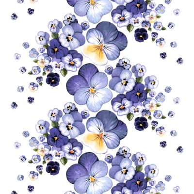 Tyg på metervara med vit botten i bomull med violer på mitten i olika blå nyanser från Arvidssons textil.