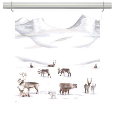 Vita panelgardiner med renar på fjället från Arvidssons textil
